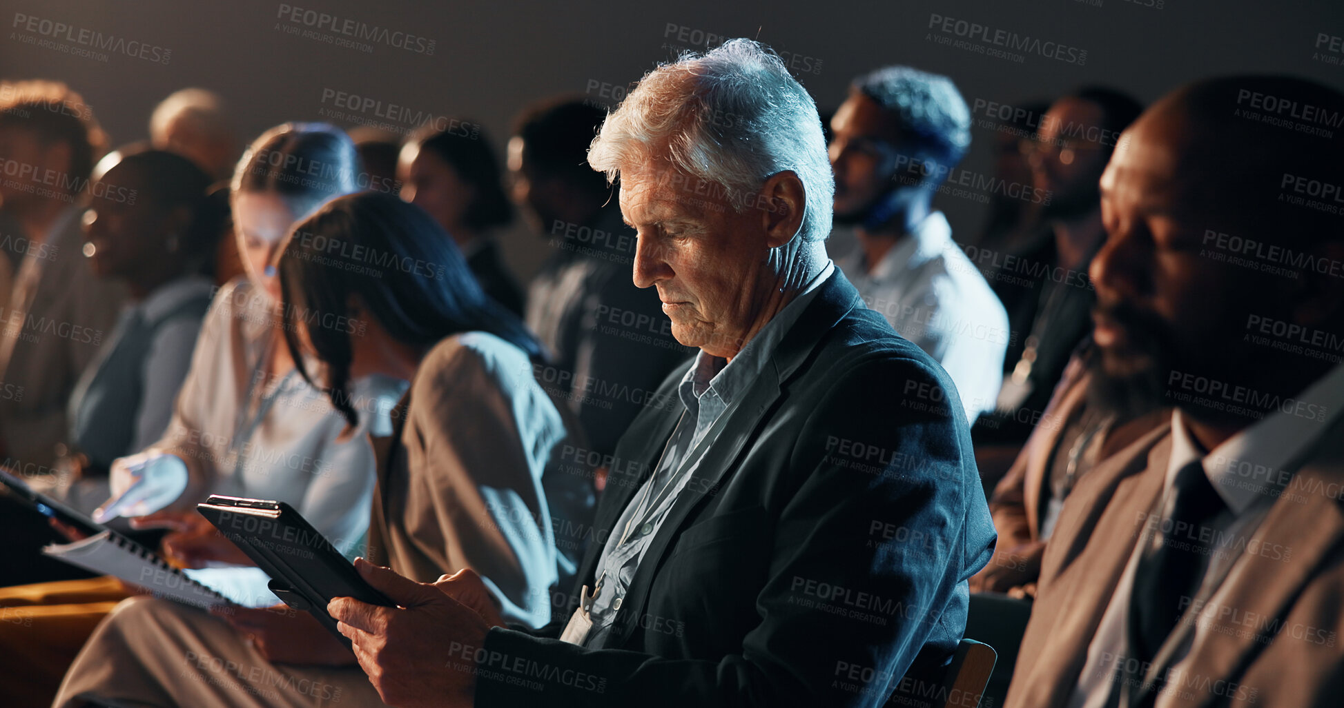 Buy stock photo Tablet, audience and business people at convention, workshop or conference for finance trading. Digital technology, crowd and mature male manager at fintech seminar for financial training and network