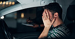 Traffic stop, man and anxiety in car with police, search and frustrated for drunk driving or speeding at night. Travel, transport and driver in vehicle for highway patrol, ticket or street compliance