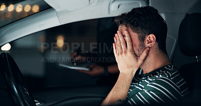Buy stock photo Traffic stop, man and anxiety in car with police, search and frustrated for drunk driving or speeding at night. Travel, transport and driver in vehicle for highway patrol, ticket or street compliance