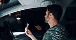 Man, police and stop car for licence for speeding, registration check and traffic warning. Person, law enforcement and identity of drunk driving, fine penalty and transport risk of violation at night