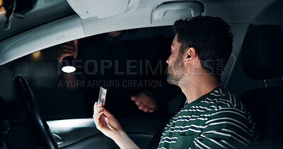 Buy stock photo Man, police and stop car for law for licence, registration check and traffic warning. Person, enforcement and identity of drunk driving, fine penalty and transport risk of speeding violation at night