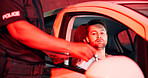 Man, police and stop car at night for speeding ticket, registration check and traffic warning. Person, law enforcement and licence crime of drunk driving, fine penalty and transport risk of violation