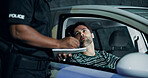 Man, officer and writing of ticket fine, registration and speeding for traffic warning. Person, law enforcement and licence for drunk driving, penalty receipt and transport risk of violation at night