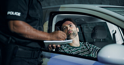 Buy stock photo Man, officer and writing of ticket fine, registration and speeding for traffic warning. Person, law enforcement and licence for drunk driving, penalty receipt and transport risk of violation at night