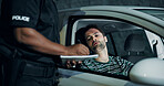 Man, police and writing fine for car, registration and speeding with traffic warning. Person, law enforcement and licence for drunk driving, penalty ticket and transport risk with violation at night