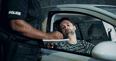 Buy stock photo Man, police and writing fine for car, registration and speeding with traffic warning. Person, law enforcement and licence for drunk driving, penalty ticket and transport risk with violation at night