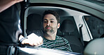 Man, police and check licence of car, registration offence and traffic warning. Person, law enforcement and identity for drunk driving, fine penalty and transport risk for vehicle violation at night

