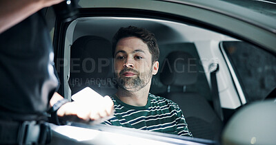 Buy stock photo Man, police and check license of car, registration offence and traffic warning. Person, law enforcement and identity for drunk driving, fine penalty and transport risk for vehicle violation at night
