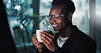 Business, black man and coffee in office at night for caffeine drink, work break and project deadline. Male person, smile and relax with espresso beverage for problem solving, solution and overtime