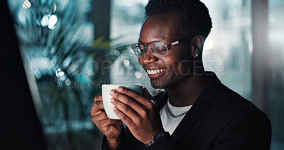 Buy stock photo Business, black man and coffee in office at night for caffeine drink, work break and project deadline. Male person, smile and relax with espresso beverage for problem solving, solution and overtime