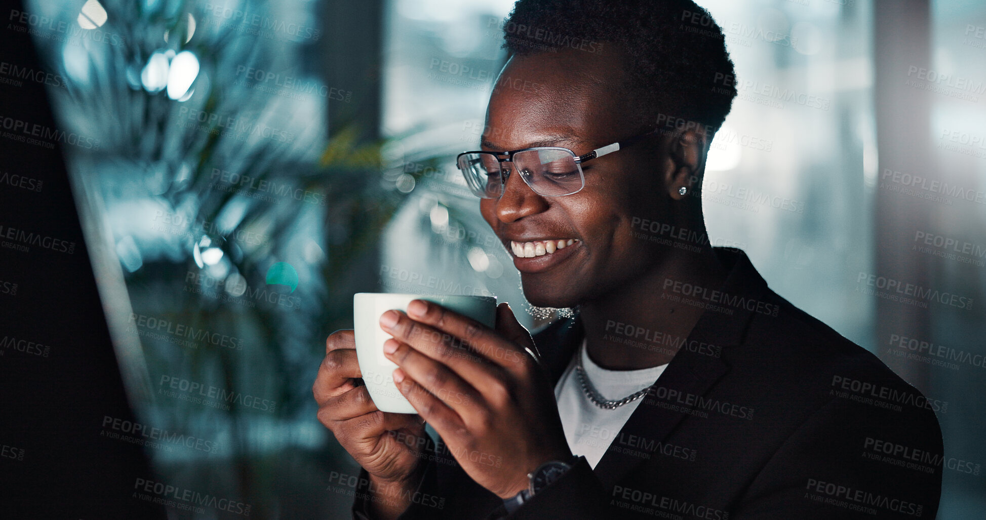 Buy stock photo Business, black man and coffee in office at night for caffeine drink, work break and project deadline. Male person, smile and relax with espresso beverage for problem solving, solution and overtime