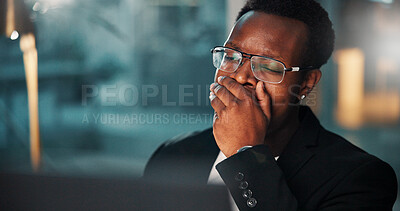 Buy stock photo Black man, tired and night with yawn, computer and burnout for evening deadline at office desk. African editor, exhausted employee and working late on PC in fatigue, overworked or sleepy with project