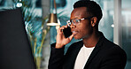 Night, black man and employee with computer, phone call and ideas for agency and online solution. Person, evening and consultant with technology, problem solving or planning with internet or project