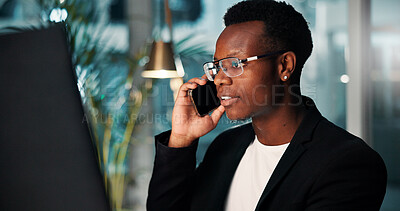 Buy stock photo Night, black man and employee with computer, phone call and ideas for agency and online solution. Person, evening and consultant with technology, problem solving or planning with internet or project