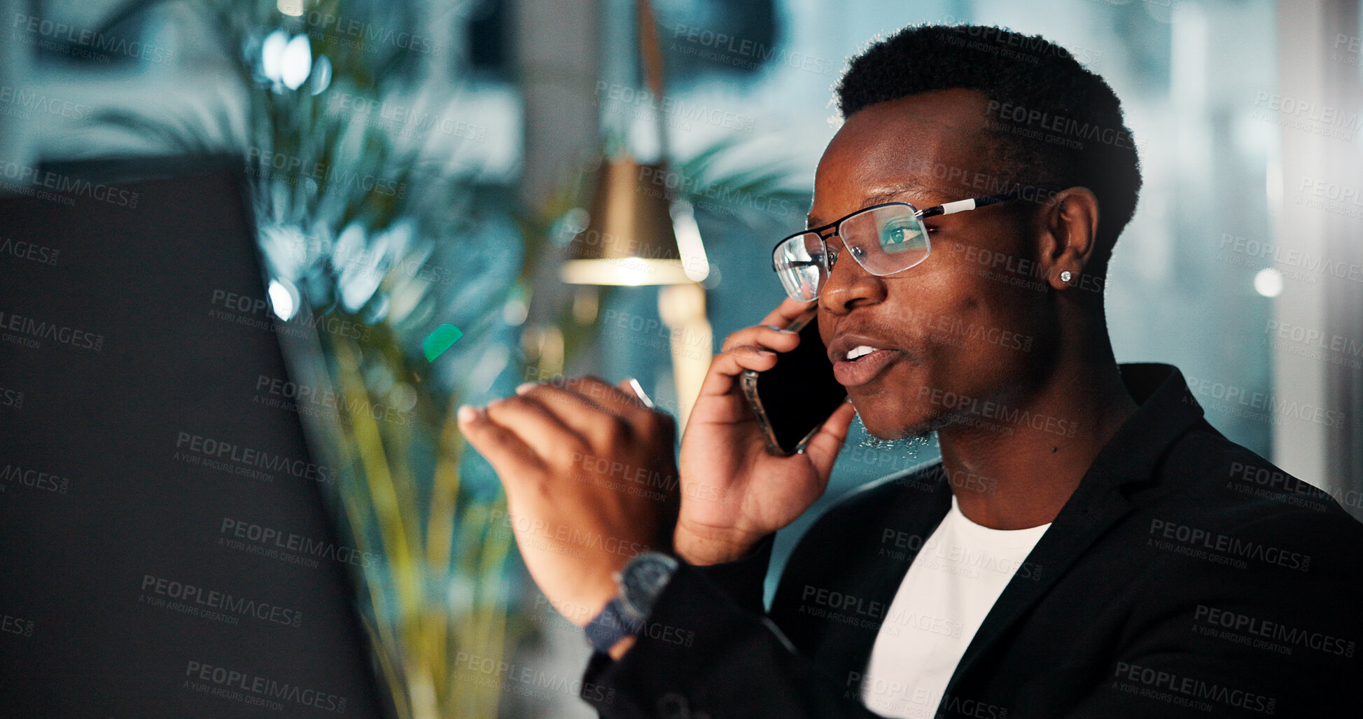 Buy stock photo Night, black man and consultant with computer, phone call and ideas for agency and online solution. Person, evening and employee with technology, problem solving or planning with internet or project