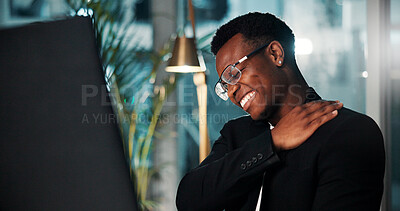 Buy stock photo Black man, neck pain and stress at night for overtime, burnout and muscle tension from bad posture in office. African employee, stretches and tired with joint injury, pressure or deadline for project