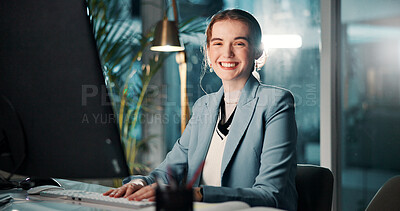 Buy stock photo Portrait, night and woman with computer, smile and financial advisor with confidence. Person, economy analyst and employee in office, evening and pc for email, budget report and proposal for funding