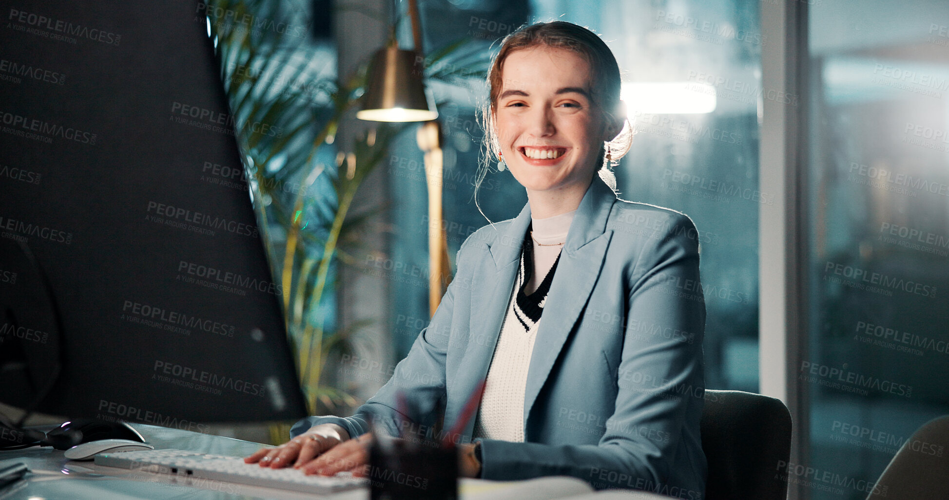 Buy stock photo Portrait, night and woman with computer, smile and financial advisor with confidence. Person, economy analyst and employee in office, evening and pc for email, budget report and proposal for funding