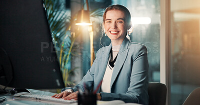 Buy stock photo Portrait, night and woman with computer, finance and investment advisor with confidence. Expert, economy analyst and employee in office, evening or pc for email, budget report or proposal for funding
