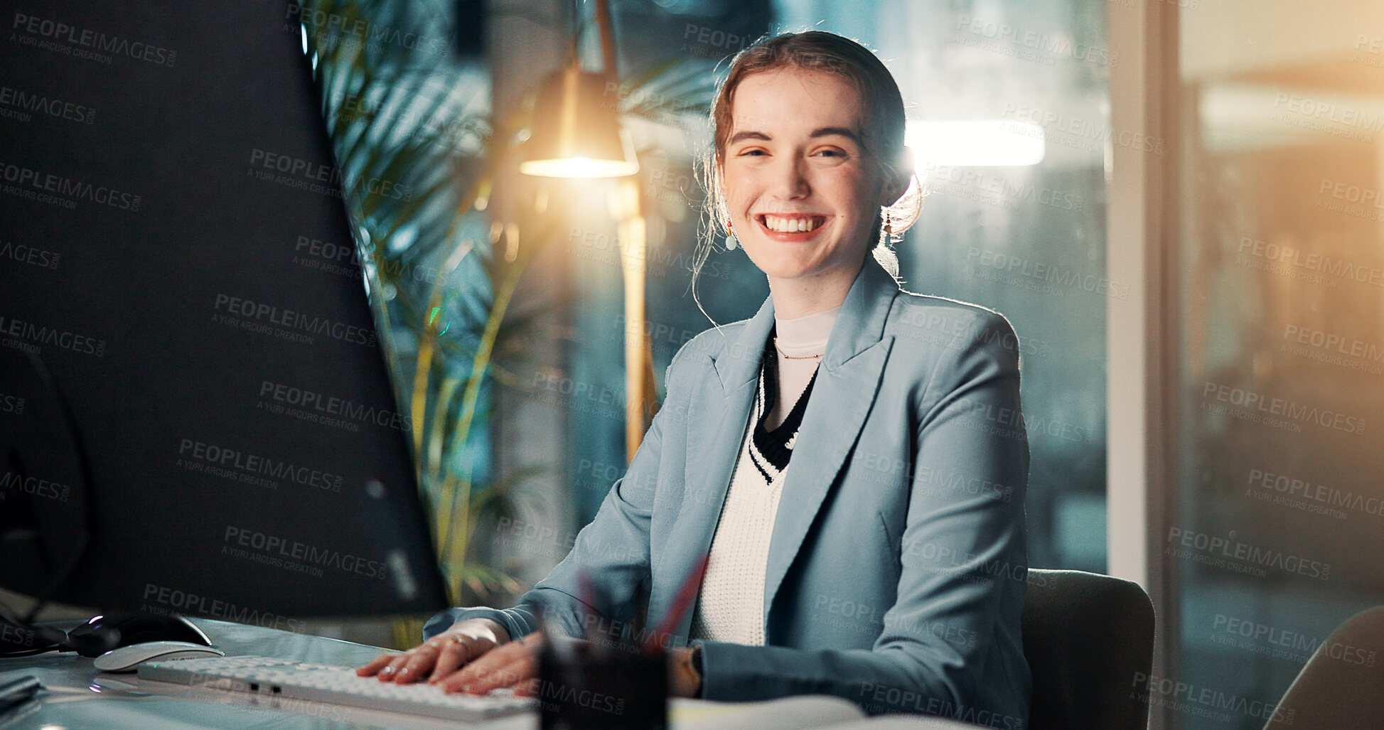 Buy stock photo Portrait, night and woman with computer, finance and investment advisor with confidence. Expert, economy analyst and employee in office, evening or pc for email, budget report or proposal for funding