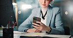 Night, online and hands with smartphone, office and communication with tech for task, woman or texting. Business, account manager and person with mobile for message, typing or chat for project on app