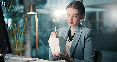 Buy stock photo Business, night and woman with eating takeout in office for working break, publication deadline or story research. Computer, journalist and chinese food for overtime, hungry or project productivity