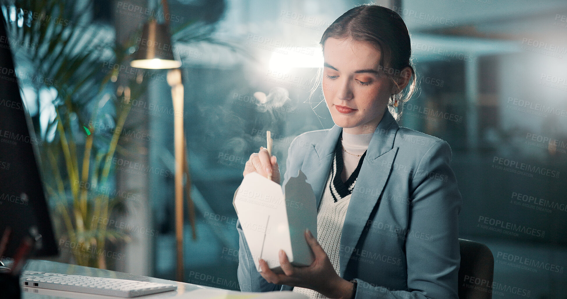 Buy stock photo Business, night and woman with eating takeout in office for working break, publication deadline or story research. Computer, journalist and chinese food for overtime, hungry or project productivity
