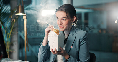 Buy stock photo Business, woman and eating fast food in office for working break, project deadline and proofreading newsletter. Night, journalist and chinese takeout for overtime dinner, hungry or workaholic at desk