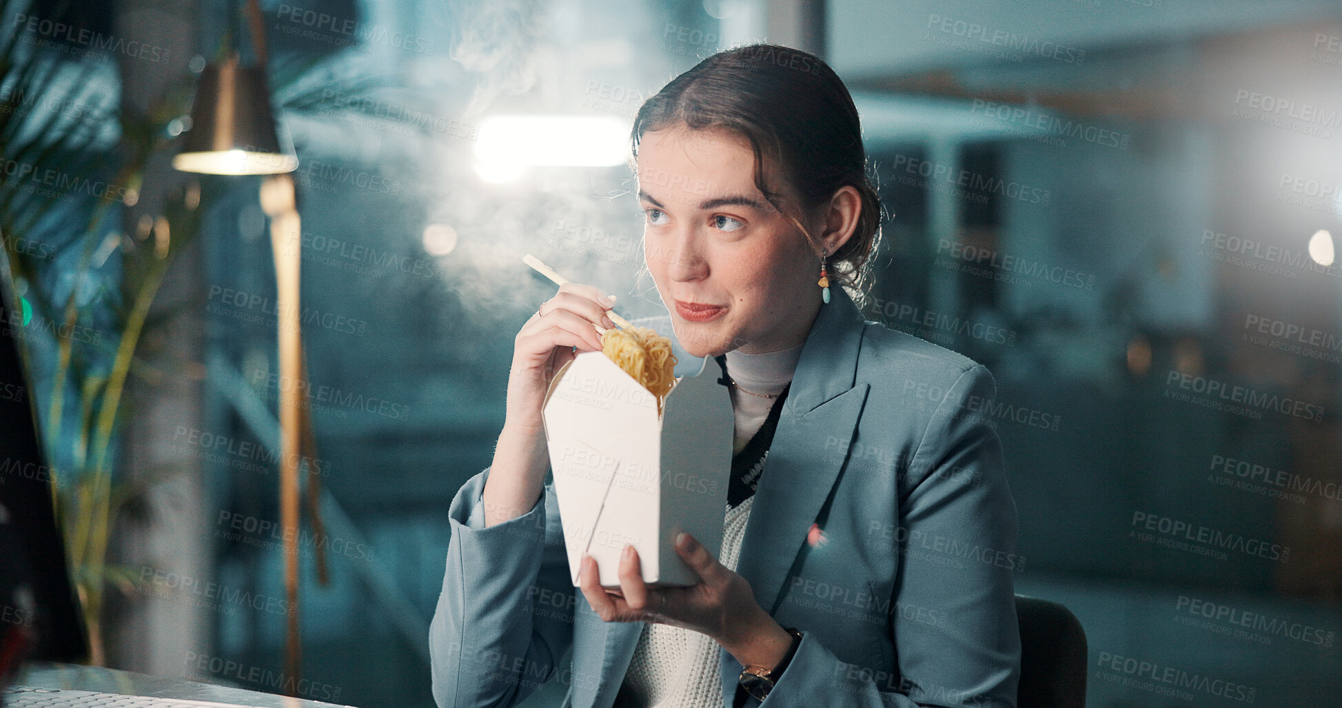 Buy stock photo Business, woman and eating fast food in office for working break, project deadline and proofreading newsletter. Night, journalist and chinese takeout for overtime dinner, hungry or workaholic at desk