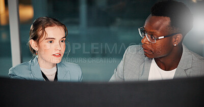 Buy stock photo Business people, computer and team brainstorming for project deadline, insurance or risk management. Meeting, planning and discussion in office for financial coverage, policy or conversation at night