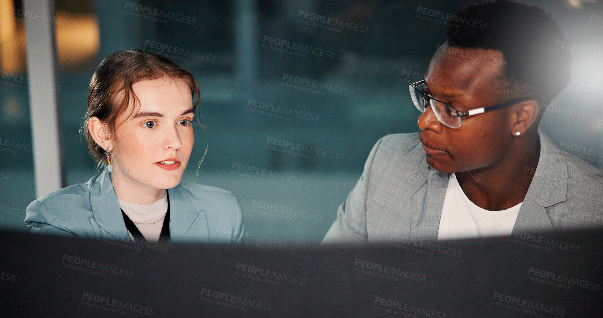 Buy stock photo Business people, computer and team brainstorming for project deadline, insurance or risk management. Meeting, planning and discussion in office for financial coverage, policy or conversation at night