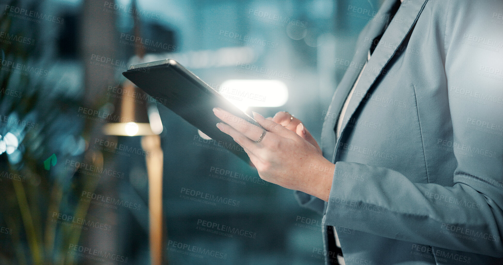 Buy stock photo Night, hands or business woman with tablet, review or news for research or funding approval. Bookkeeping, auditor or financial advisor on technology in office for accounting deadline or late overtime