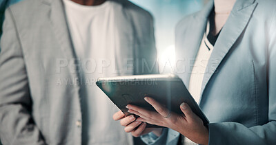 Buy stock photo Hands, business people and tablet with cooperation, finance and digital app for budget report. Closeup, investment and employees in office, review audit and online reading with website info and email