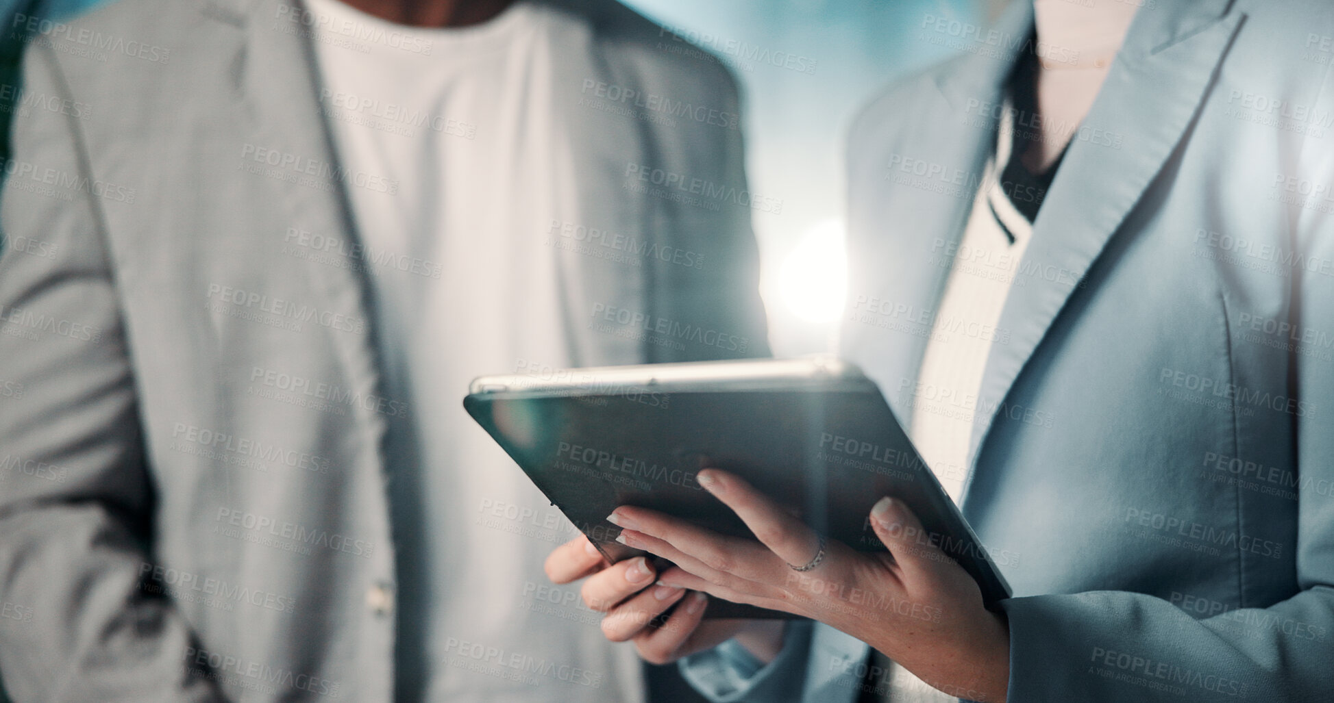 Buy stock photo Hands, business people and tablet with cooperation, finance and digital app for budget report. Closeup, investment and employees in office, review audit and online reading with website info and email