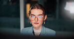 Night, glasses or businessman with computer, review and news for research or funding approval. Bookkeeping, auditor or financial advisor on technology in office for accounting deadline or overtime