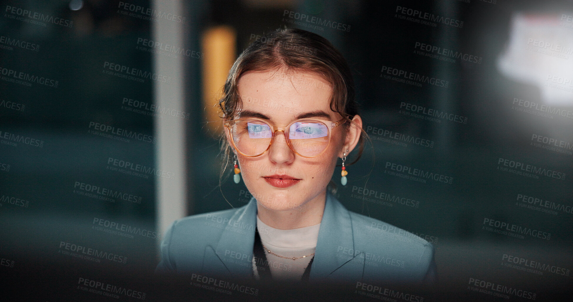 Buy stock photo Night, glasses or business woman with computer, review and news for funding research. Bookkeeping, auditor or financial advisor on technology in office for accounting deadline, investment or overtime