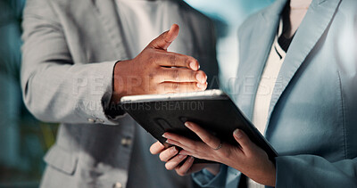 Buy stock photo Hands, business people and tablet with teamwork, finance and digital app for budget report. Closeup, investment and employees in office, cooperation and online reading with website info and feedback