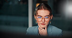 Glasses, thinking or businesswoman with computer, review or news for research or funding solution. Bookkeeping, glasses or financial advisor on technology in night for accounting deadline or overtime