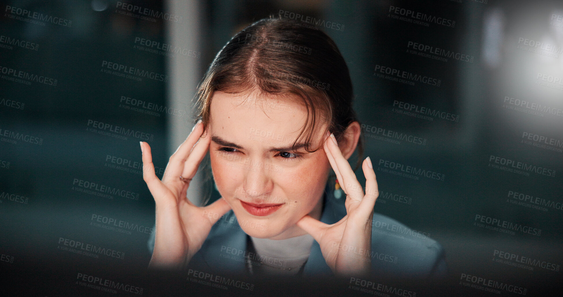 Buy stock photo Night, pain and woman with headache, office and thinking of deadline for task, accountant and stress. Workaholic, employee and person with anxiety for project, migraine and working late in business