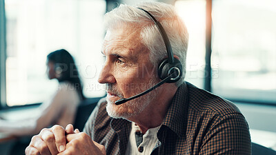 Buy stock photo Call center, mature man and talking with headset for customer support, lead generation and online assistance. Insurance agent, employee and microphone for inbound query, product information and FAQ