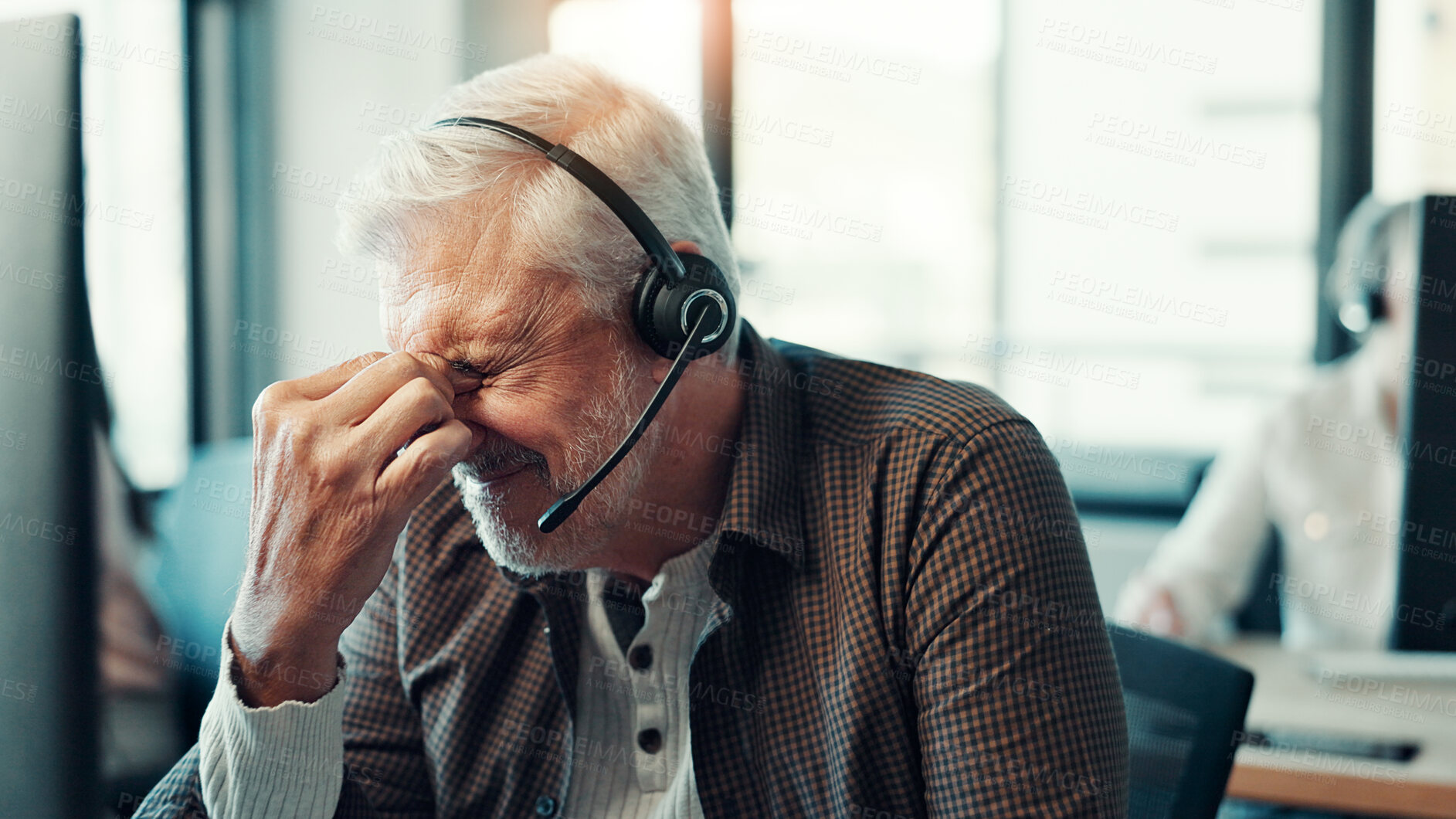 Buy stock photo Senior man, headache and stress at call center with pressure, frustrated and exhausted with burnout at agency. Person, consultant and migraine with fatigue, pain and voip mic for contact us in office