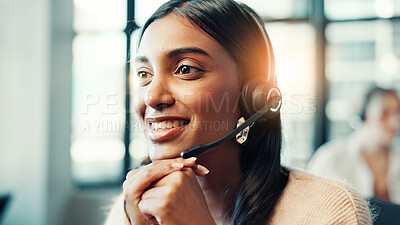 Buy stock photo Customer service, woman and consulting with microphone at call center for online advice, FAQ or help desk assistance. Flare, agent and headset for inbound query, contact us and listening to question