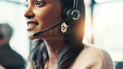 Buy stock photo Customer service, woman and consulting with headset at call center for product advice, lead generation and FAQ. Friendly agent, employee and microphone for inbound query, online help and contact us