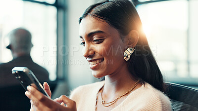 Buy stock photo Phone, typing and smile with business woman in office for networking, deal closure and client feedback. Communication, search and connection with person in agency for chat, notification and contact