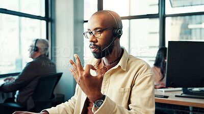 Buy stock photo Customer service, perfect or man with headset at call center for support, loan advice or FAQ. Good gesture, sales agent and communication on computer for inbound query, online assistance or insurance