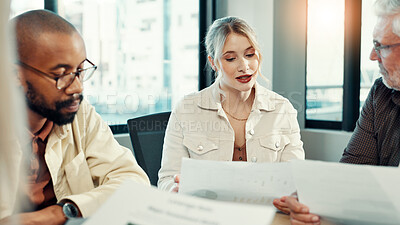 Buy stock photo Documents, meeting and planning with business people in office for strategy, sales projection and target audience stats. Brainstorming, discussion and teamwork with employees in firm for research