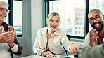 Woman, handshake and meeting with applause in office with team, goals or support for promotion at startup. Business people, cheers and success with congratulations, smile or praise at creative agency