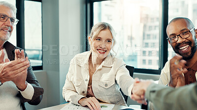 Buy stock photo Woman, handshake and meeting with applause in office with team, goals or support for promotion at startup. Business people, cheers and success with congratulations, smile or praise at creative agency