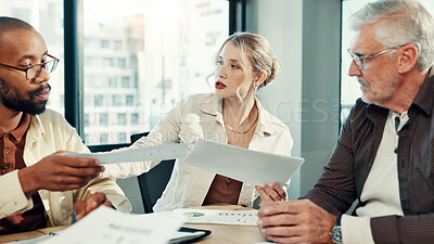 Buy stock photo Documents, meeting and strategy with business people in office for planning, sales projection and target audience stats. Brainstorming, discussion and teamwork with employees in firm for research