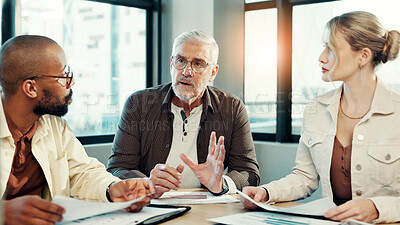 Buy stock photo Strategy, meeting and discussion with business people in office for planning, sales projection and target audience stats. Brainstorming, review and teamwork with employees in firm for research